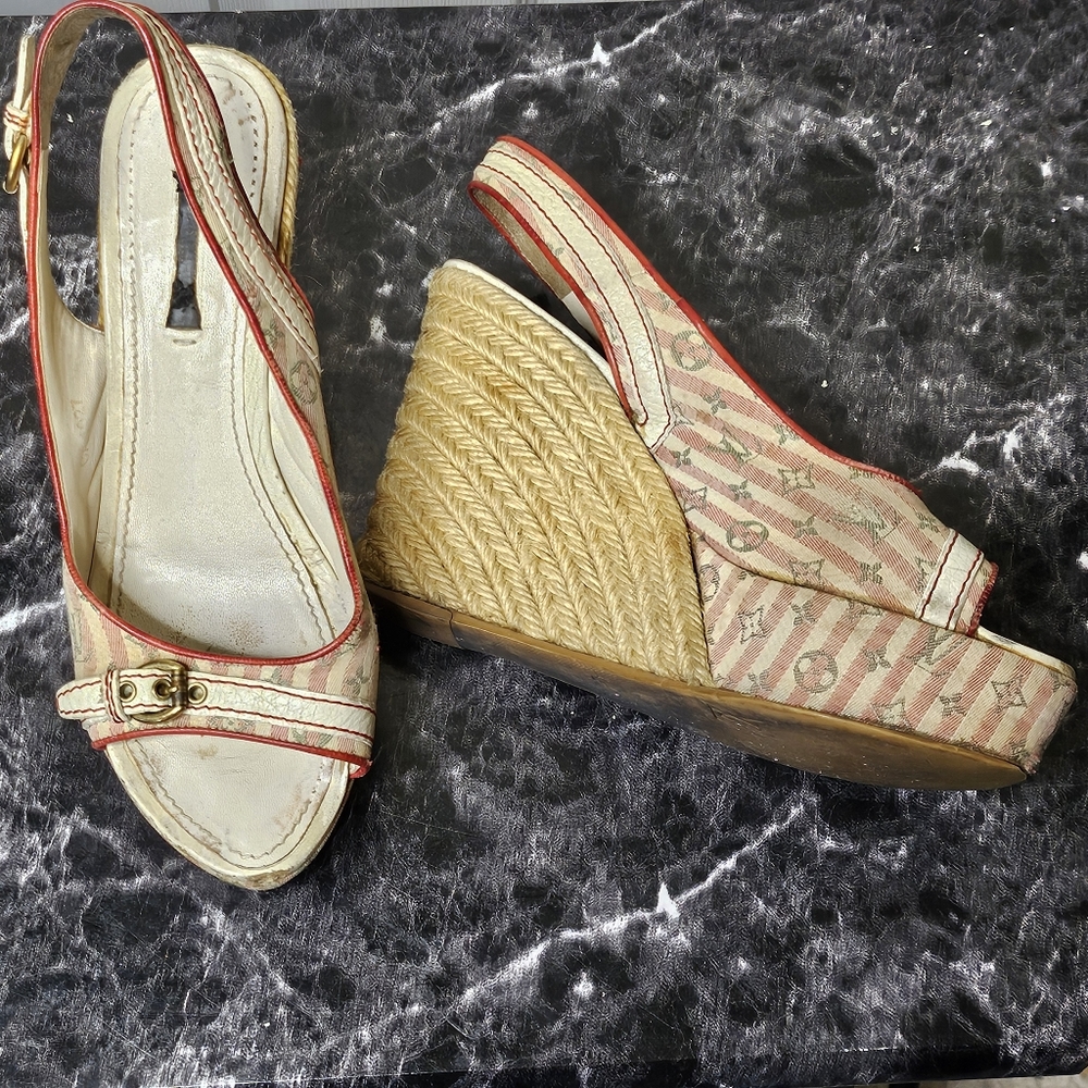 Louis Vuitton Monogram Heel Wedge Slip Open Toed Shoes Sz. 36.5 - Picture 3 of 13